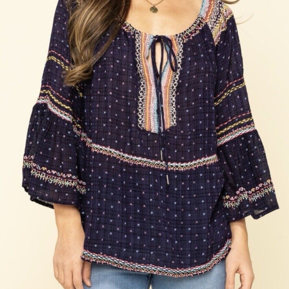 Free People Talia Embroidered Medium Large Blouse Boho Top Floral Spring